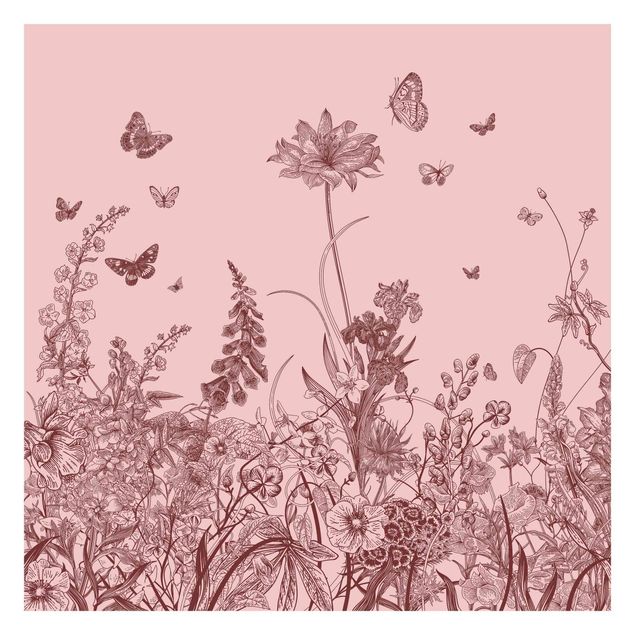 Lyserød tapet Large Flowers With Butterflies On Pink