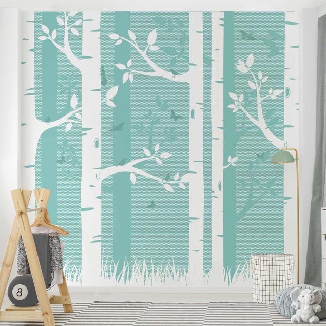 Tapet med sommerfugle Green Birch Forest With Butterflies And Birds