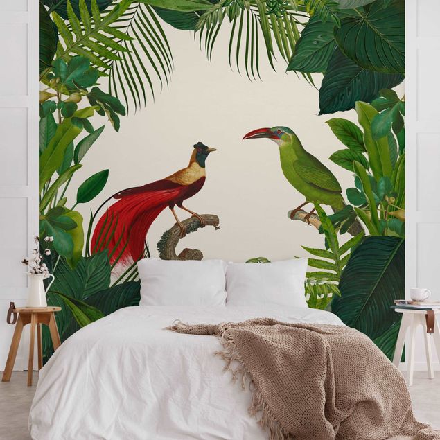 Fototapet blomster Green Paradise With Tropical Birds