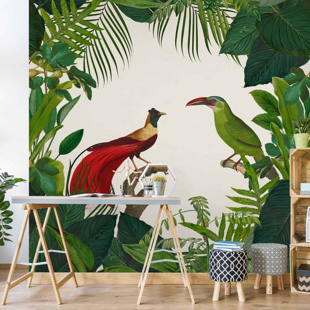 Moderne tapet Green Paradise With Tropical Birds