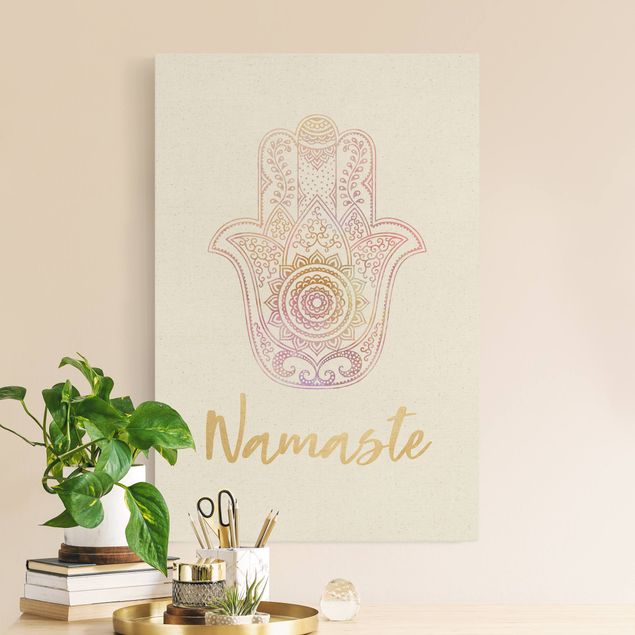 Billeder på lærred mønstre Hamsa Hand Illustration Namaste Gold Light Pink