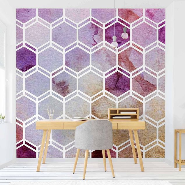 Tapet geometrisk Hexagonal Dreams Watercolour In Berry