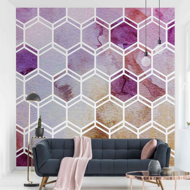 Tapet med mønster Hexagonal Dreams Watercolour In Berry