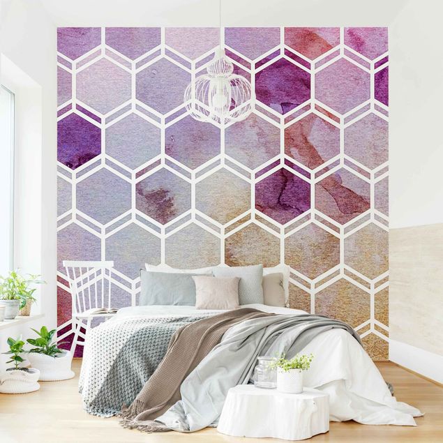 Tapet moderne Hexagonal Dreams Watercolour In Berry