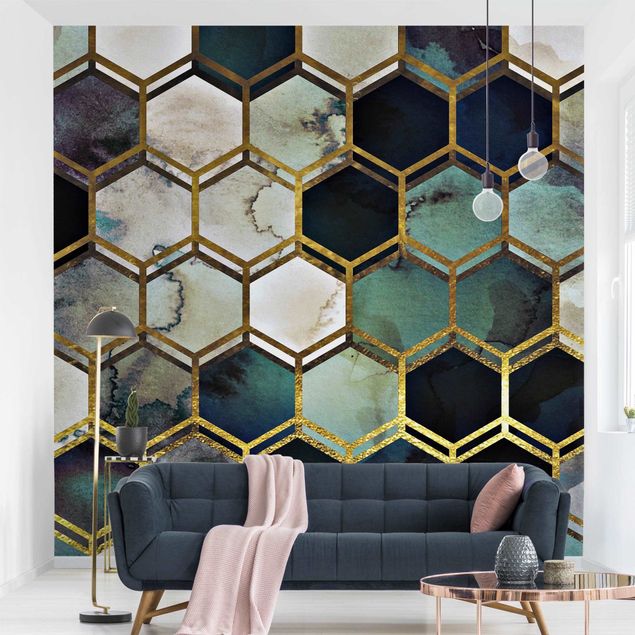 Tapet geometrisk Haxagonal Dreams Watercolour With Gold