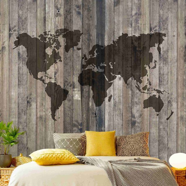 Tapet træ look Wood World Map