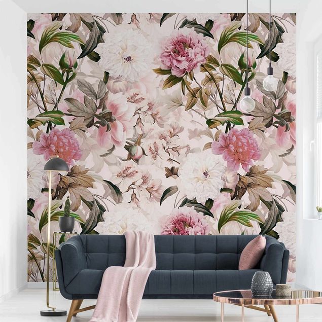 Moderne tapet Illustrated Peonies In Light Pink