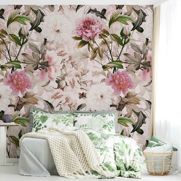 Blomster tapet Illustrated Peonies In Light Pink