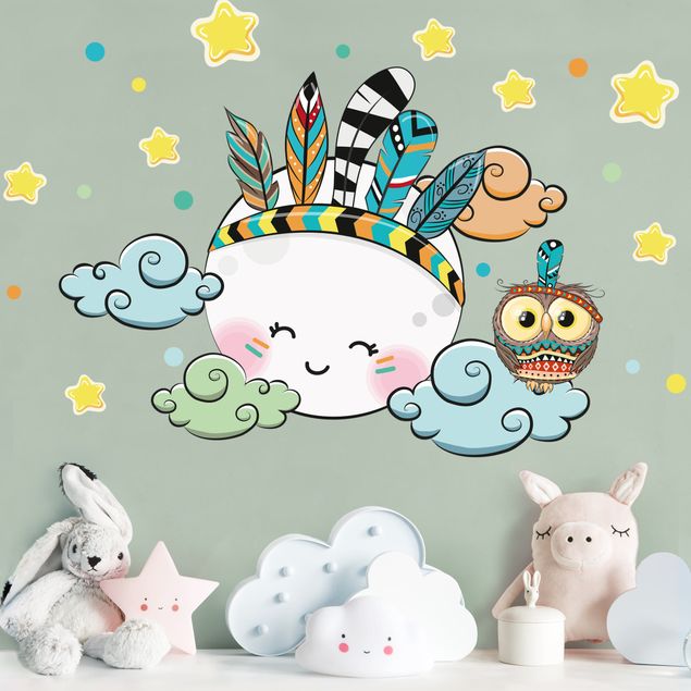 Wallstickers fugle Indiander Moon Owl Clouds Stars