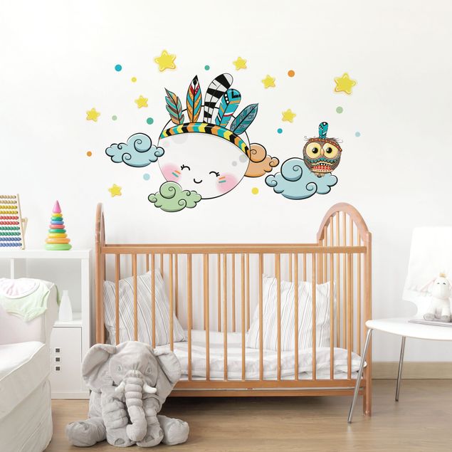 Wallstickers indianere Indiander Moon Owl Clouds Stars