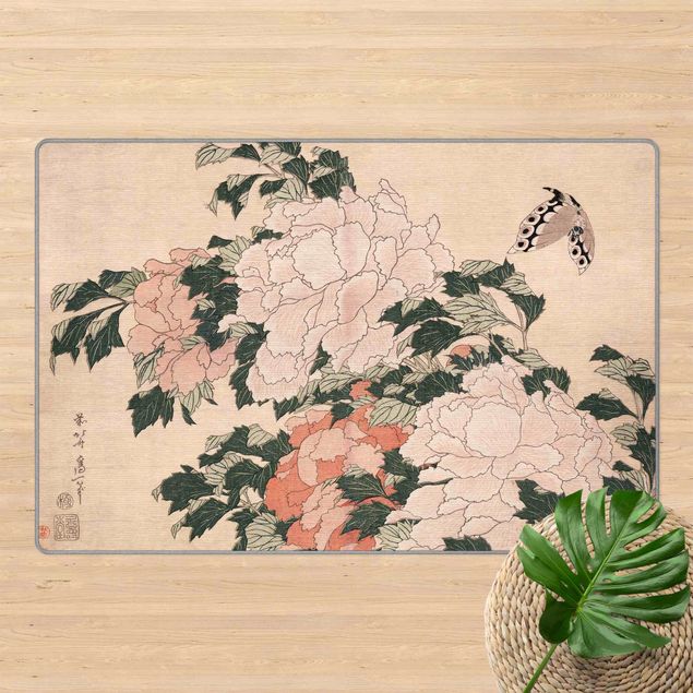 Moderne tæpper Katsushika Hokusai - Pink Peonies With Butterfly