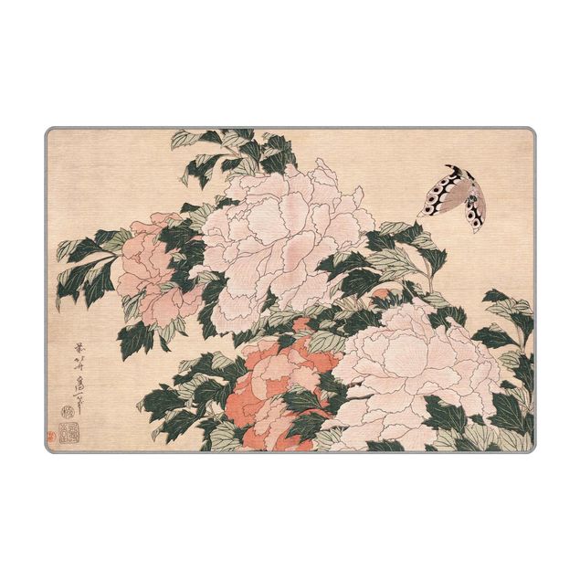Tæpper Katsushika Hokusai - Pink Peonies With Butterfly