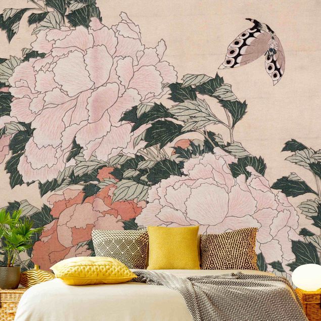 Kunst stilarter Katsushika Hokusai - Pink Peonies With Butterfly