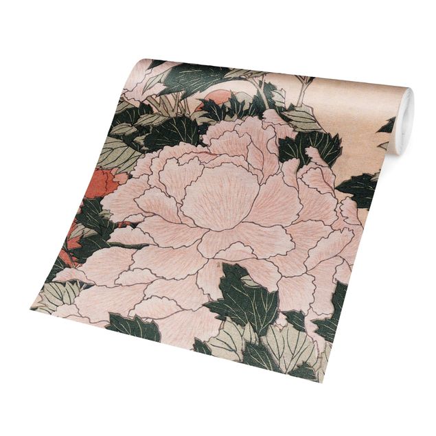 Tapet blomster Katsushika Hokusai - Pink Peonies With Butterfly