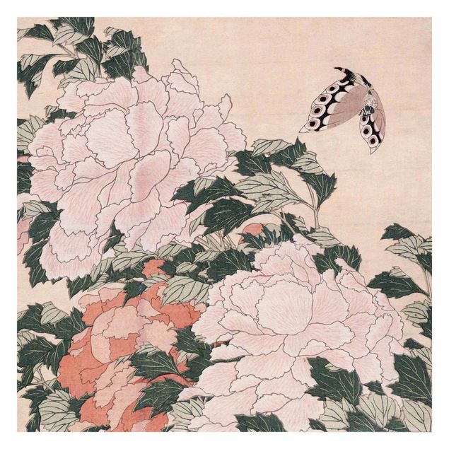 Tapet moderne Katsushika Hokusai - Pink Peonies With Butterfly