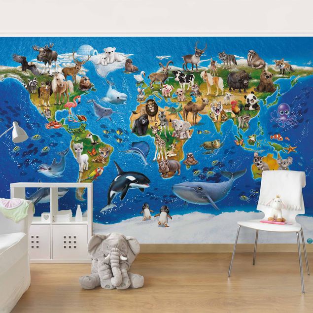 Verdenskort tapet Animal Club International - World Map With Animals