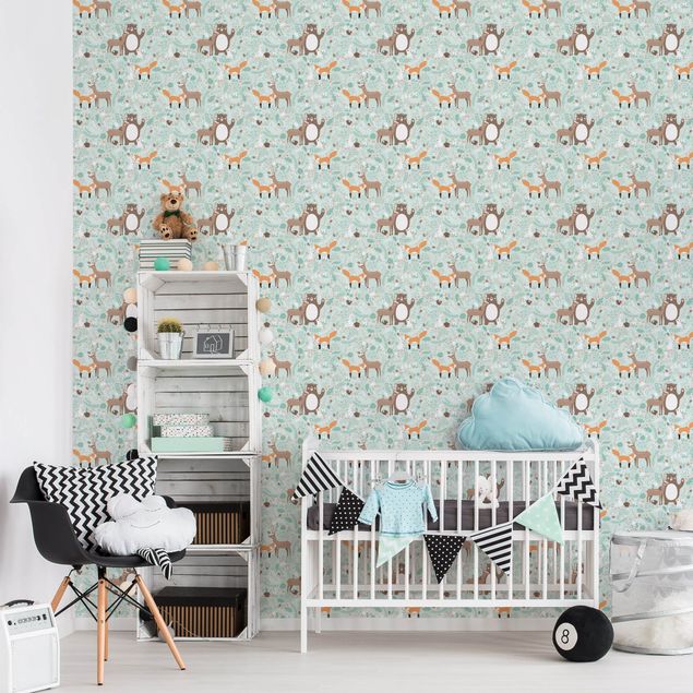 Moderne tapet Kids Pattern Forest Friends With Forest Animals