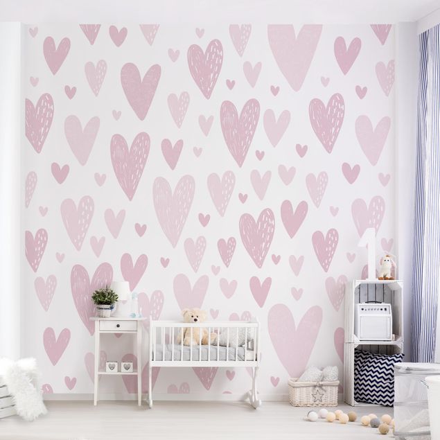 Tapet mønster Small And Big Drawn Light Pink Hearts