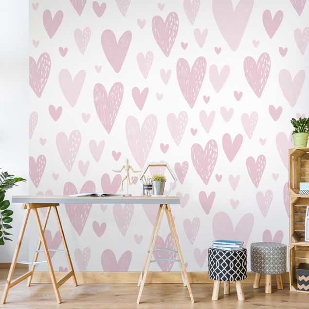 Moderne tapet Small And Big Drawn Light Pink Hearts