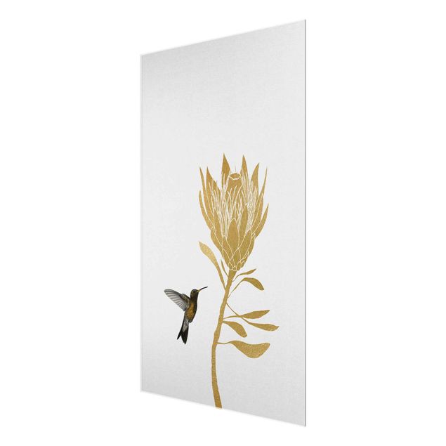 Glas magnettavla Hummingbird And Tropical Golden Blossom