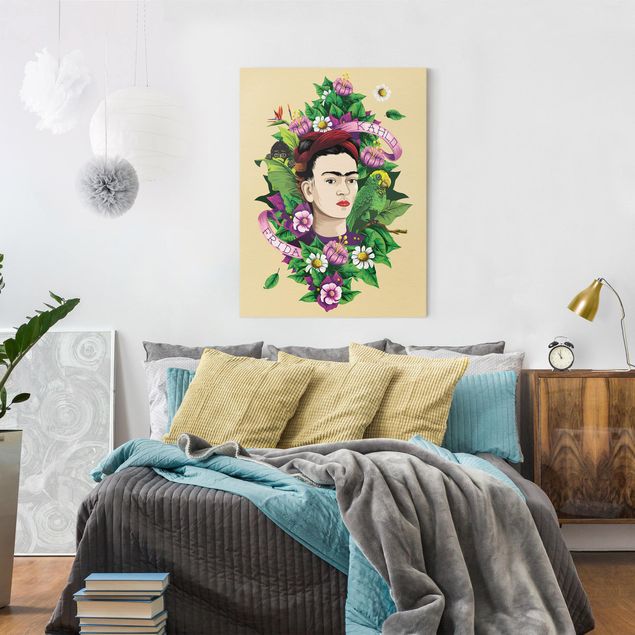 Billeder på lærred kunsttryk Frida Kahlo - Frida, Äffchen und Papagei