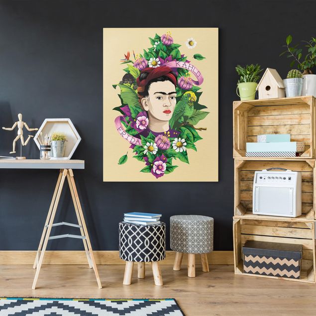 Billeder kunsttryk Frida Kahlo - Frida, Äffchen und Papagei