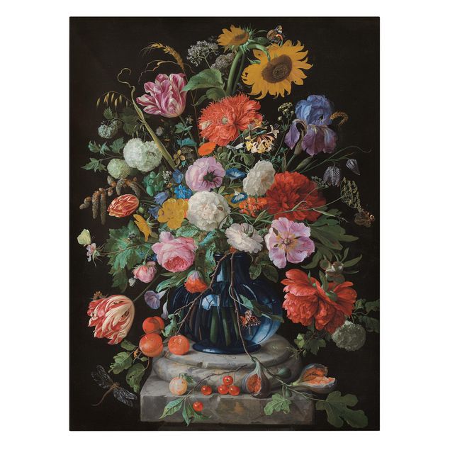 Billeder på lærred blomster Jan Davidsz de Heem - Tulips, a Sunflower, an Iris and other Flowers in a Glass Vase on the Marble Base of a Column
