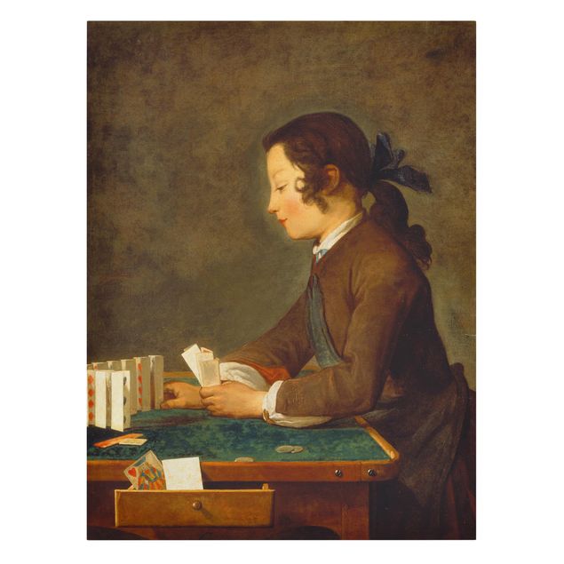 Billeder på lærred kunsttryk Jean-Baptiste Siméon Chardin - Young Girl (young Boy?) builds a House of Cards