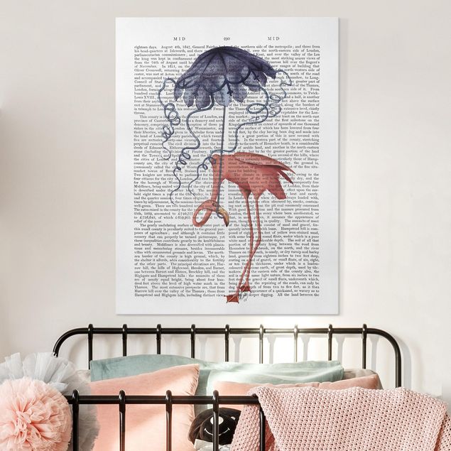 Billeder på lærred fugle Animal Reading - Flamingo With Umbrella