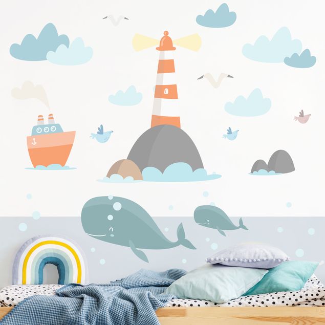 Wallstickers fugle Lighthouse and whales