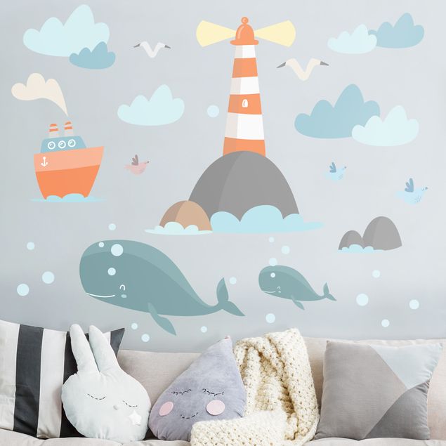 Wallstickers fisk Lighthouse and whales