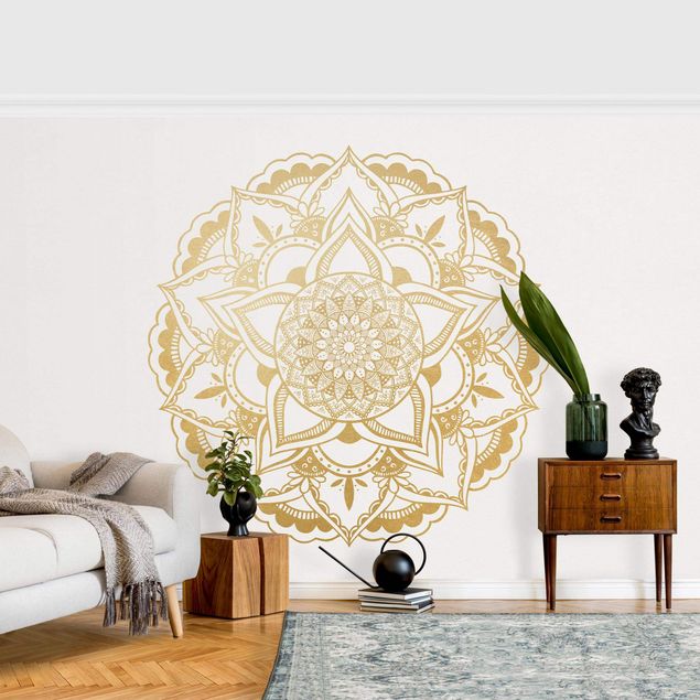 Tapet med mønster Mandala Flower Gold White