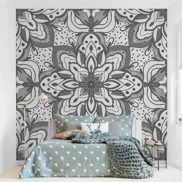 Moderne tapet Mandala With Grid And Dots In Gray