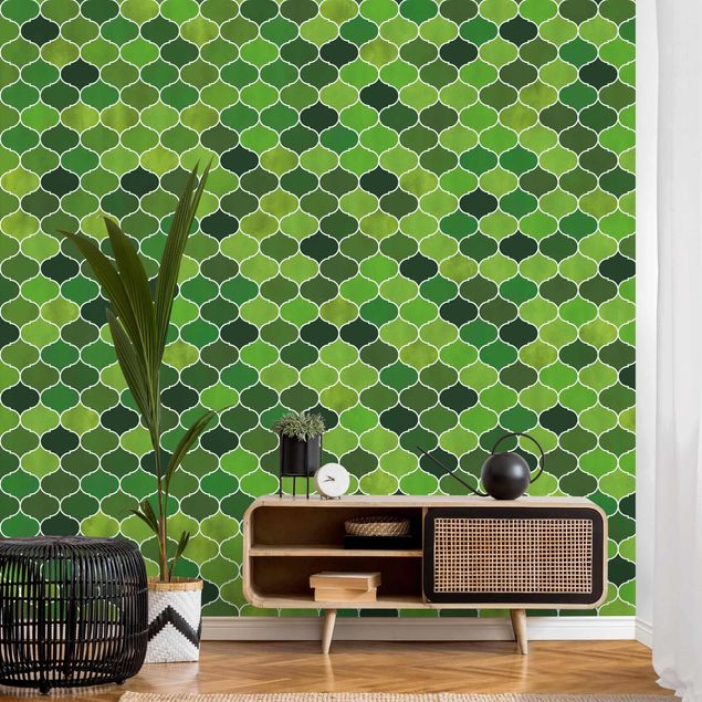 Geometrisk tapet Moroccan Watercolour Pattern Green