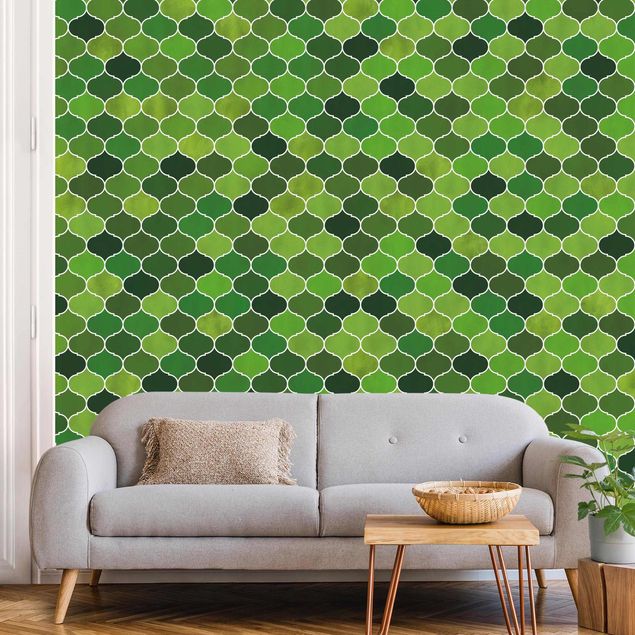 Mønstret tapeter Moroccan Watercolour Pattern Green