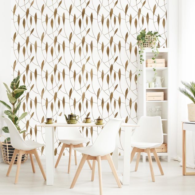 Tapet moderne Natural Pattern Sweeping Leaves In Gold
