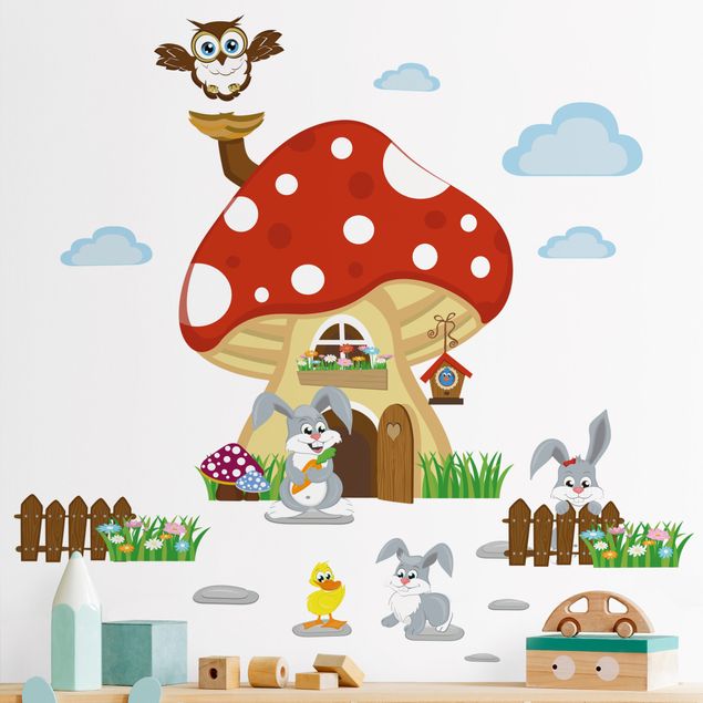Wallstickers skovens dyr No.yk32 Hasenfamilie lives in the flying mushroom