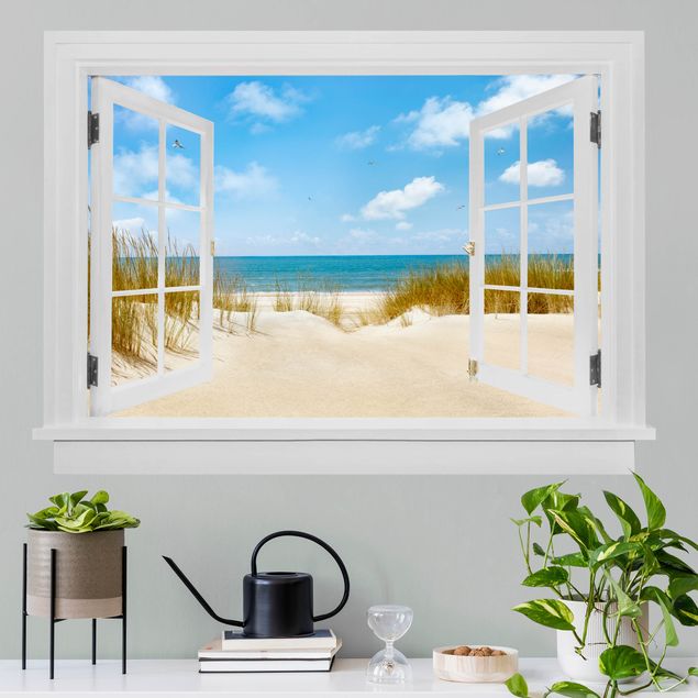 Wallstickers 3D Open window beach at the North Sea