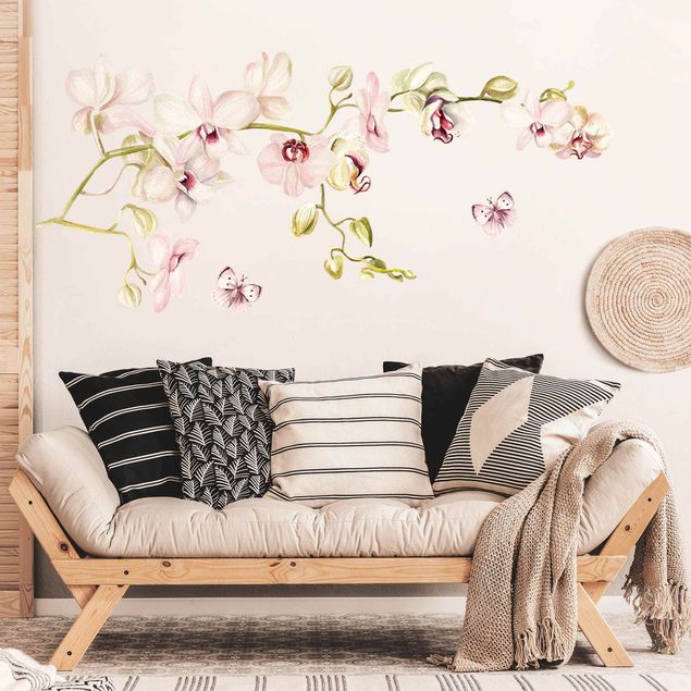Wallstickers blomster Orchidenzweig and butterfly in rosé