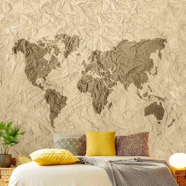 Tapet moderne Paper World Map Beige Brown