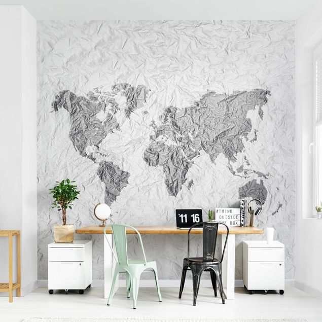 Tapet sort hvid Paper World Map White Grey