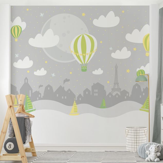 Tapet Paris Paris With Stars And Hot Air Balloon In Grey