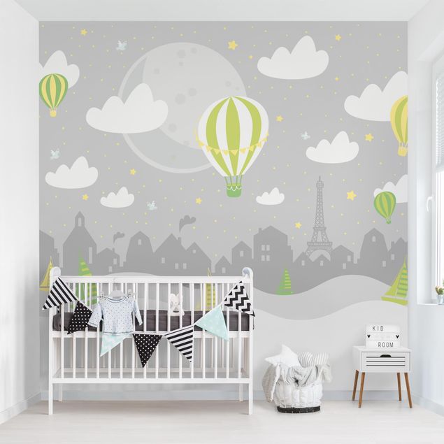 Tapet moderne Paris With Stars And Hot Air Balloon In Grey