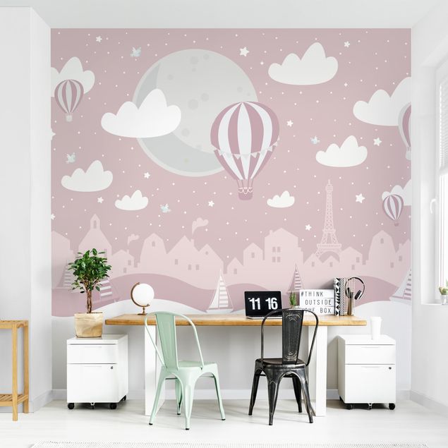 Moderne tapet Paris With Stars And Hot Air Balloon In Pink