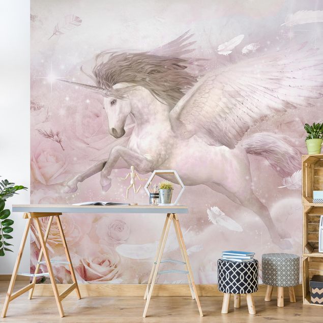 Tapet roser Pegasus Unicorn With Roses