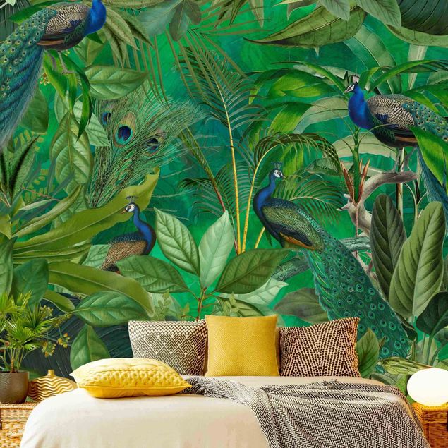 Moderne tapet Peacocks In The Jungle