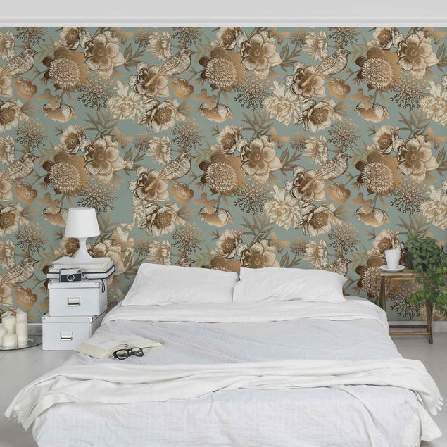 Blomster tapet Peony Pattern Turquoise Gold