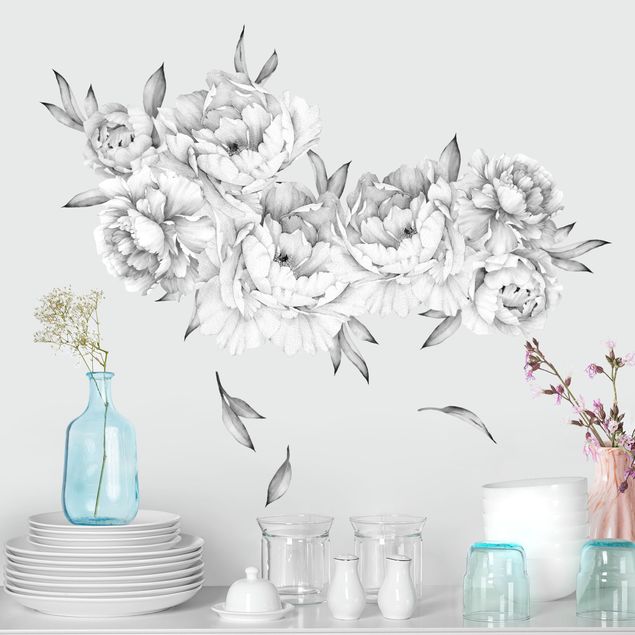 Wallstickers roser Peonies set - black and white bright