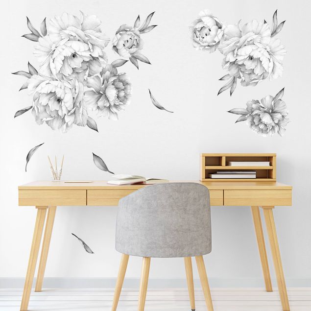 Wallstickers blomster Peonies set - black and white bright