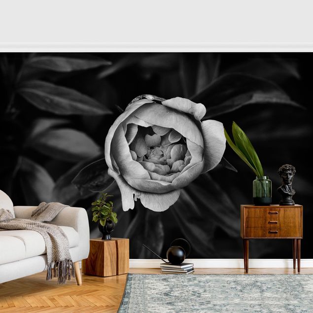 Moderne tapet Peonies In Front Of Leaves Black And White